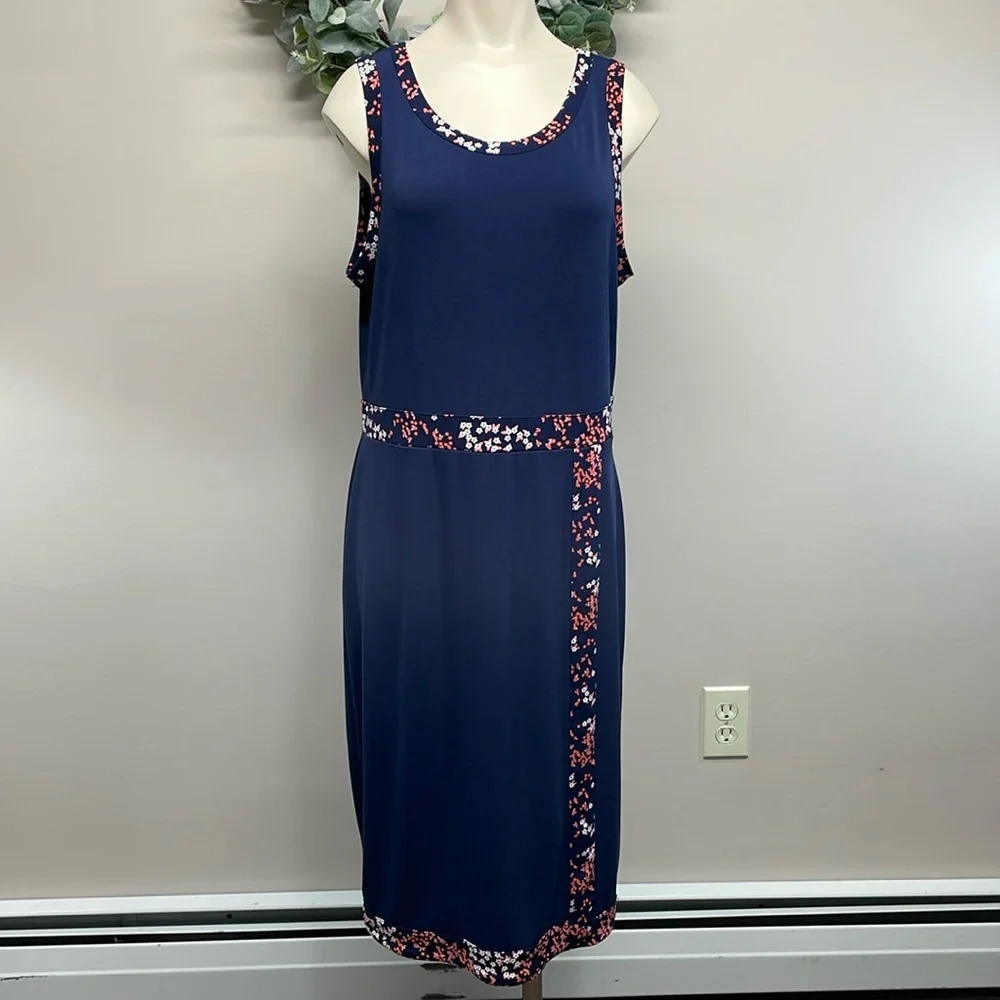 NWOT Michael Michael Kors Navy Sleeveless Faux Wrap Dress Floral Trim L